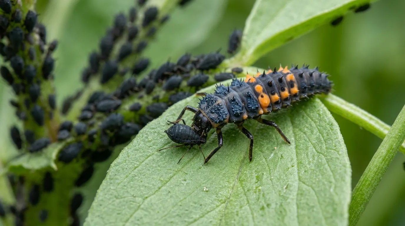 A 7-spot ladybird larva feeding on a black bean aphid colony in a UK summer garden