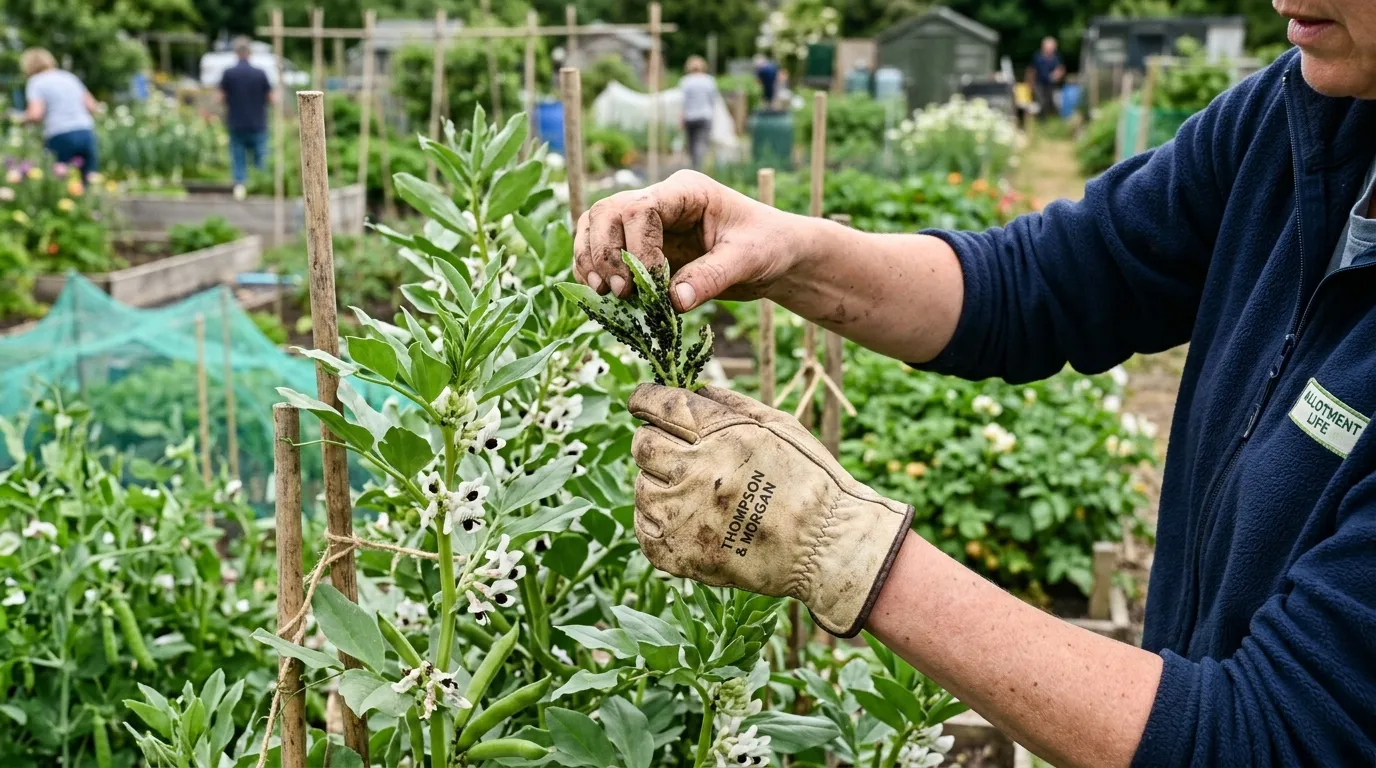 UK gardener pinching out the aphid-covered top of a broad bean plant on a sunny allotment afternoon