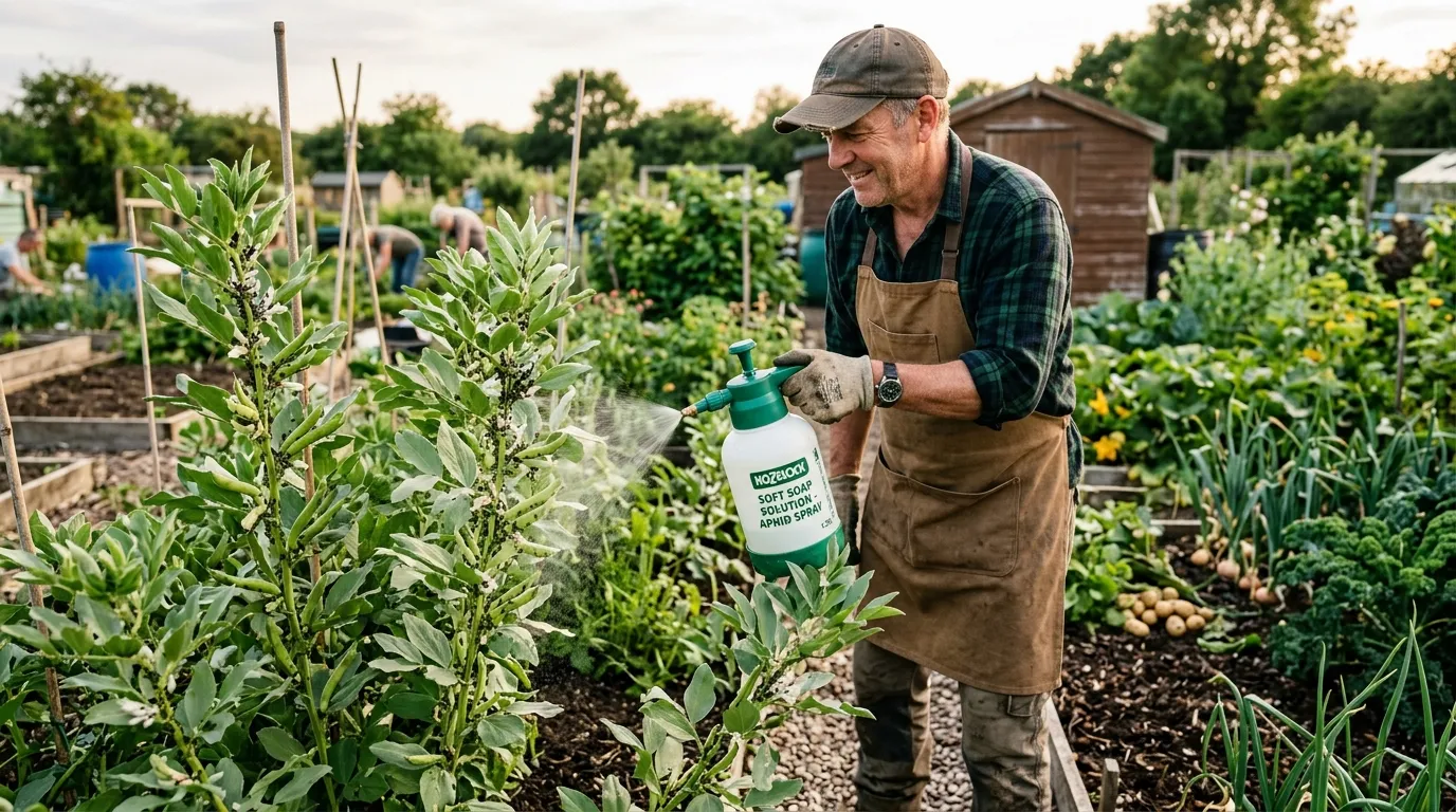 UK gardener applying a soft-soap spray to a broad bean plant in late afternoon light on an allotment