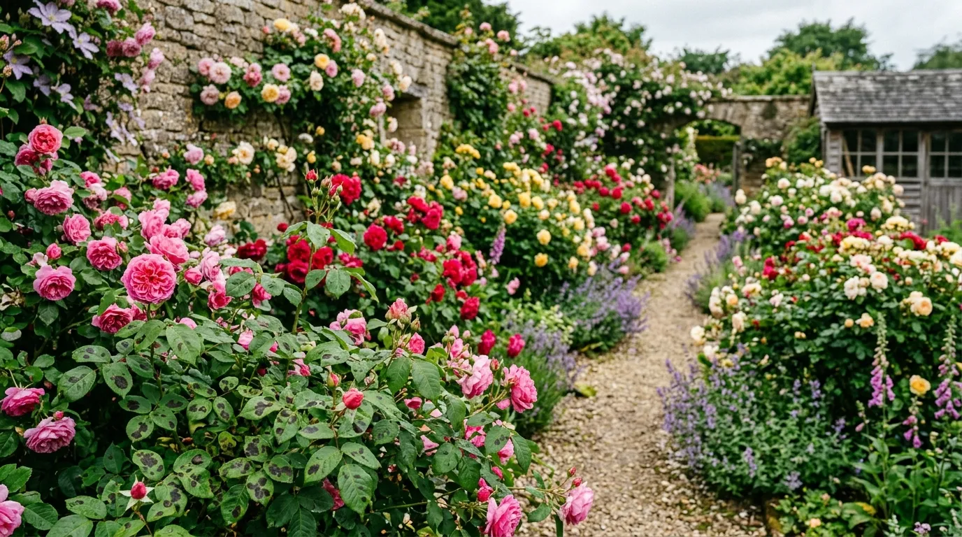 Black spot on roses showing dark circular lesions on yellowing leaves in a UK garden border