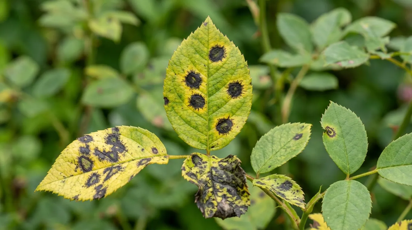 Black spot on roses showing characteristic circular spots with fringed edges on yellow-green rose leaves