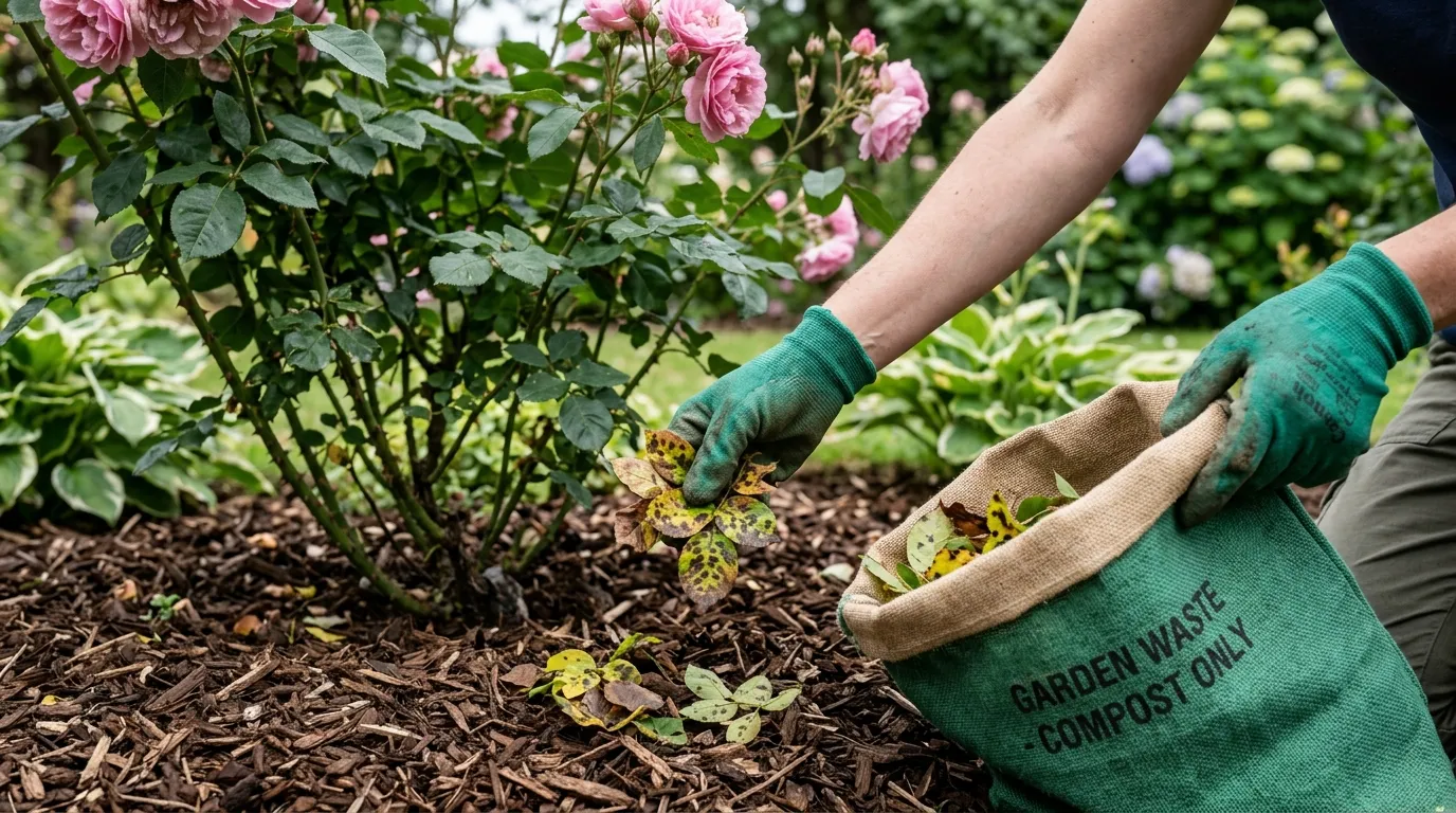 Black spot on roses treatment showing correct pruning and disposal of infected leaves