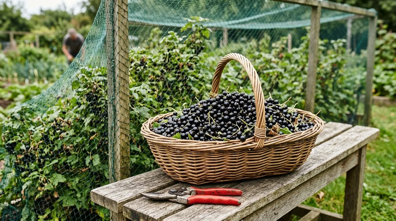 Wicker trug full of freshly picked blackcurrants beside a UK fruit cage at harvest time