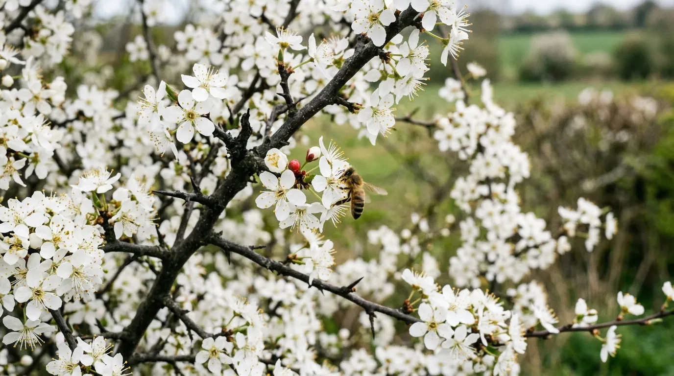 Blackthorn hedge in full white blossom along a rural Norfolk field boundary in early spring