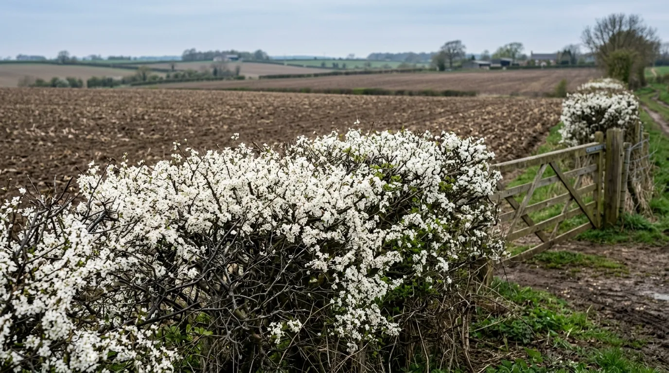 Blackthorn hedge in white spring blossom along a rural Norfolk field boundary, the Prunus spinosa twigs still bare and black