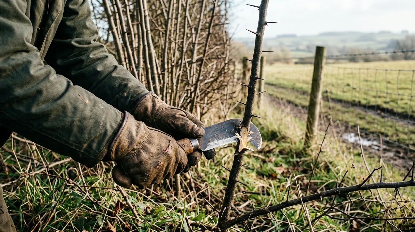 A single gloved gardener laying a young blackthorn hedge with a billhook in a rural setting