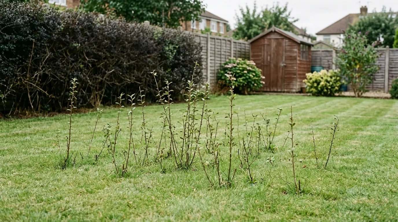 Suckers of blackthorn pushing up through a suburban lawn well away from the main hedge row