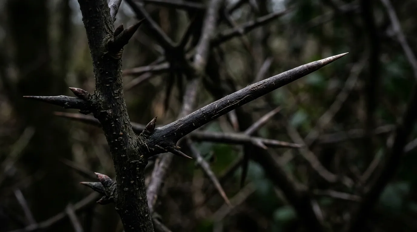 Close-up of long sharp blackthorn thorns up to 10cm on a dark Prunus spinosa stem