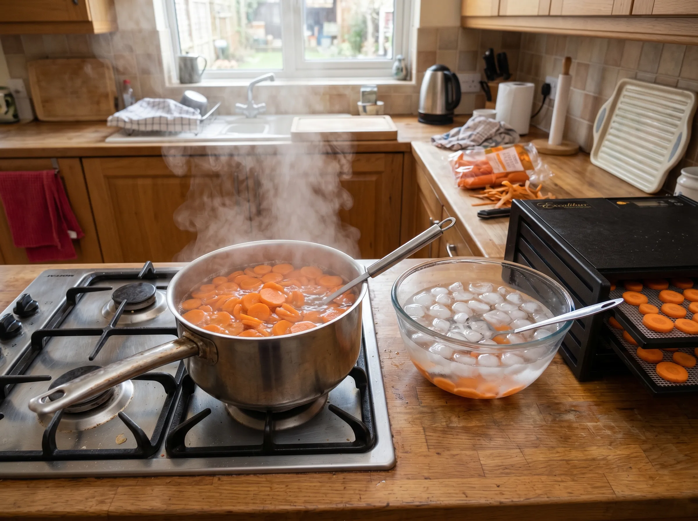 UK kitchen scene of carrot slices being blanched in boiling water on the stove, then transferred to a bowl of ice water beside, ready to drain and arrange on dehydrator trays for drying