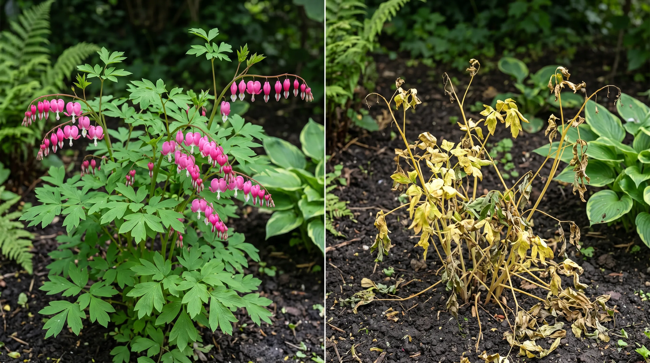 Side-by-side comparison of a healthy green bleeding heart in flower beside the same plant with yellowing summer-dormant foliage