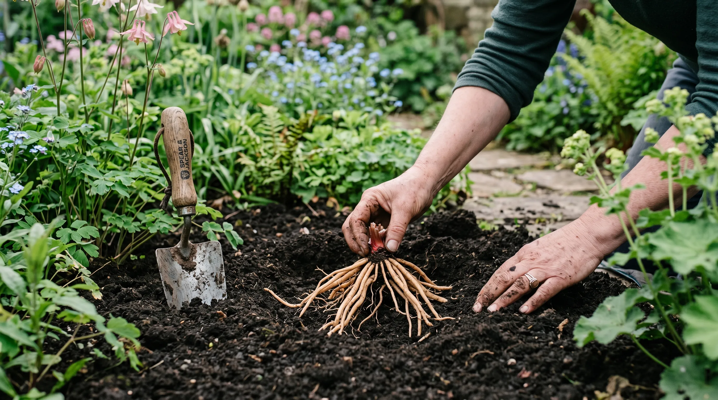 Hands setting a bare-root bleeding heart crown into a planting hole with the fleshy roots fanned out in dark humus-rich soil