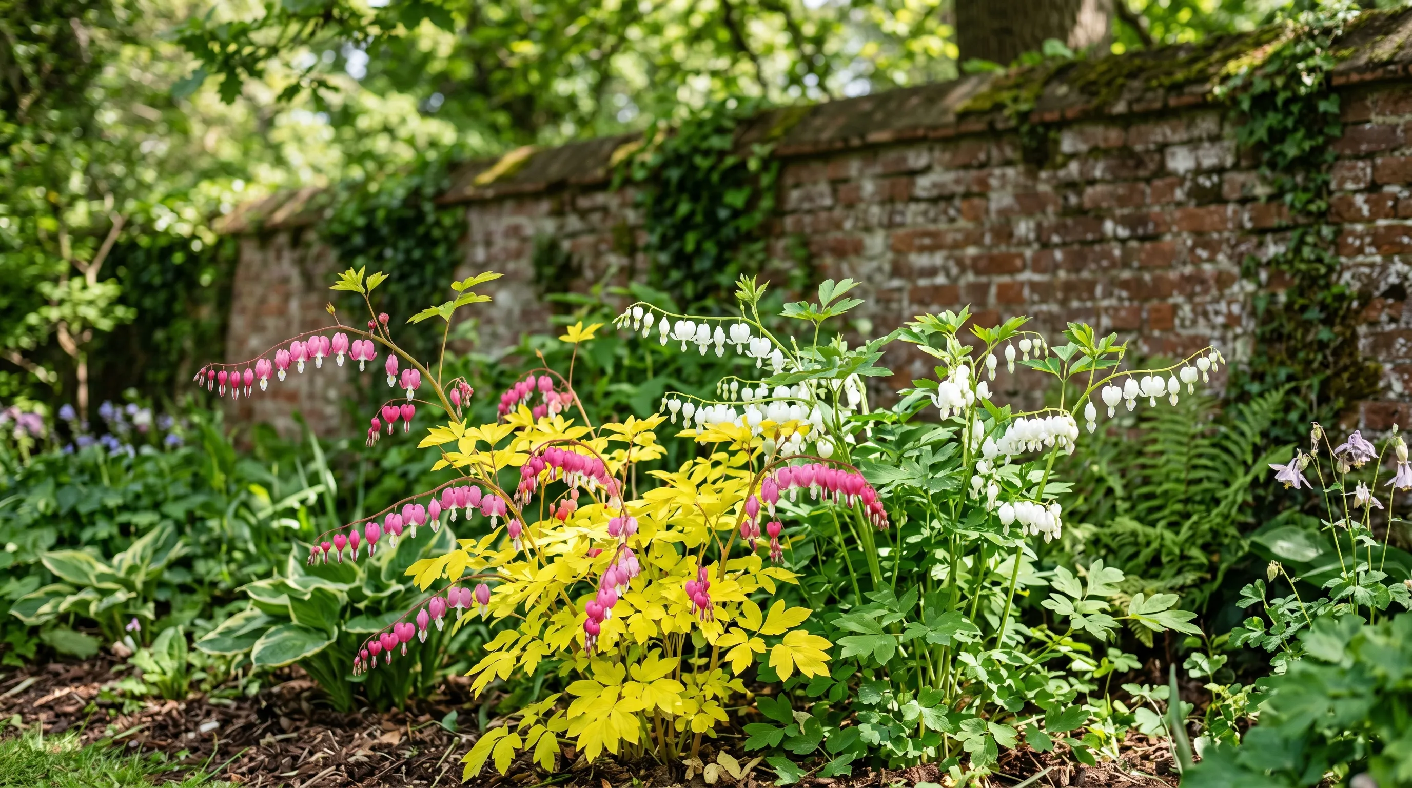Three bleeding heart varieties together: rose-pink species, pure white Alba and golden-leaved Gold Heart in a shady cottage border