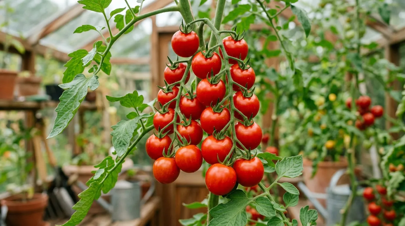 Close-up of blight-resistant tomato fruit clusters ripening on the vine in a UK garden