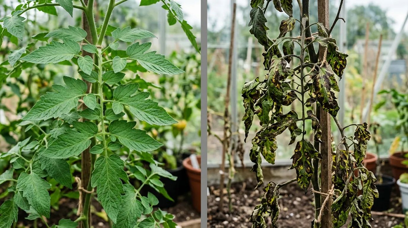 Comparison of healthy blight-resistant tomato leaves next to infected non-resistant tomato foliage
