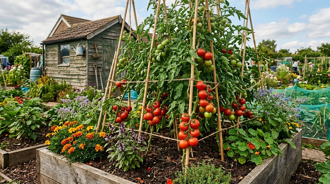 Healthy blight-resistant tomato plants bearing ripe fruit in a raised bed on an allotment in late summer