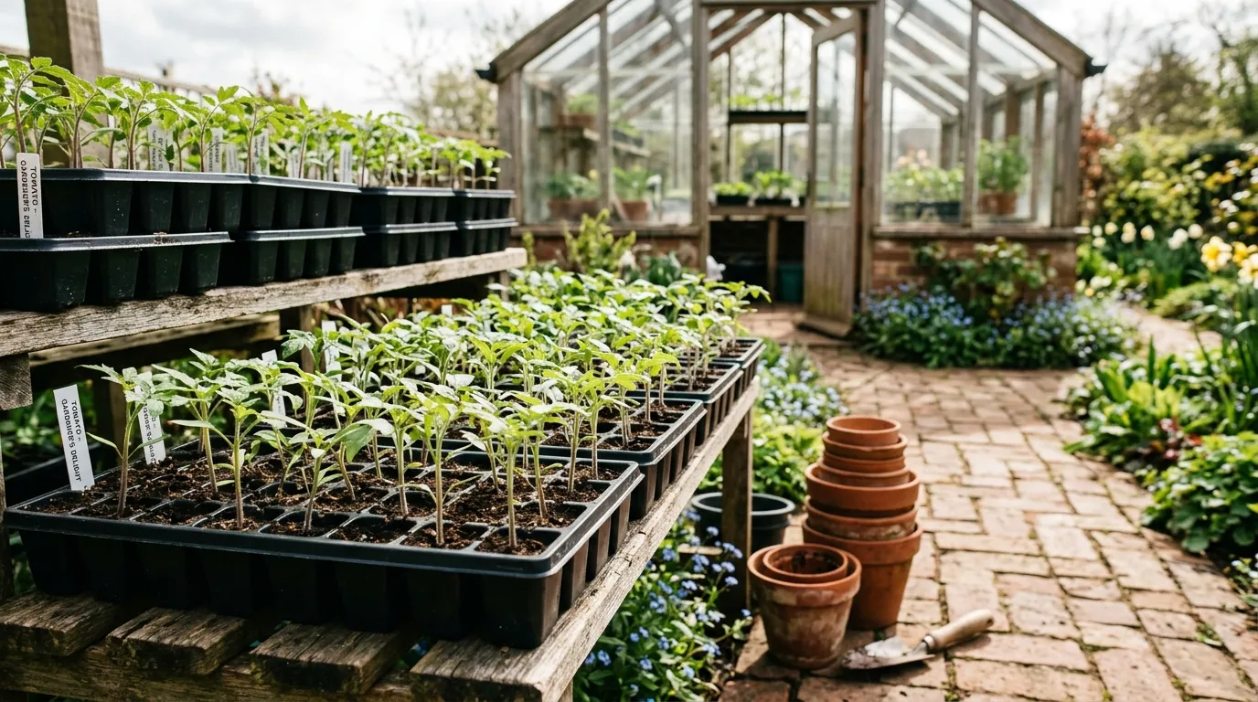 Blight-resistant tomato seedlings hardening off in trays outside a greenhouse before planting out