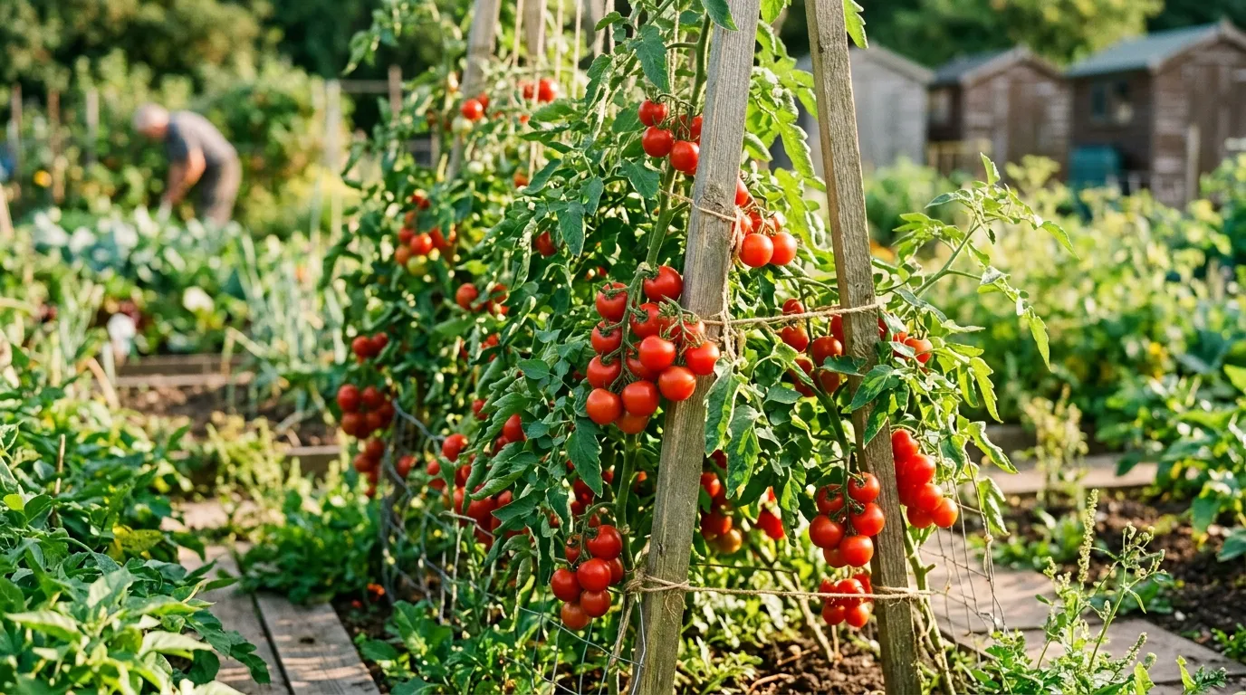 Blight-resistant tomato plants loaded with ripe red fruit growing outdoors in a UK vegetable garden