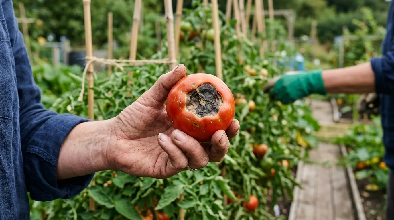 Blossom end rot damage showing dark sunken lesion on tomato fruit base