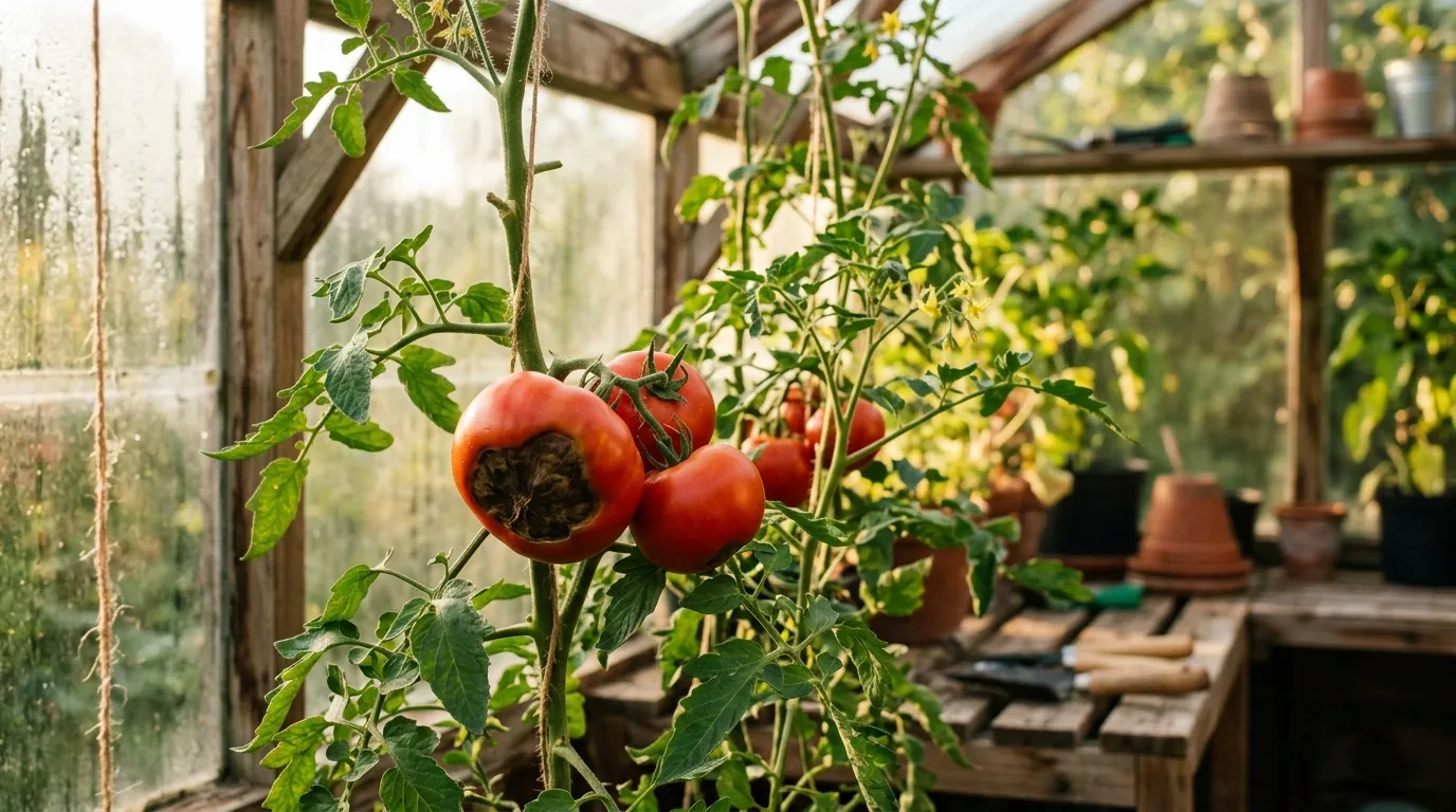 Blossom end rot damage on ripening tomato showing dark sunken patch at the fruit base in a UK greenhouse