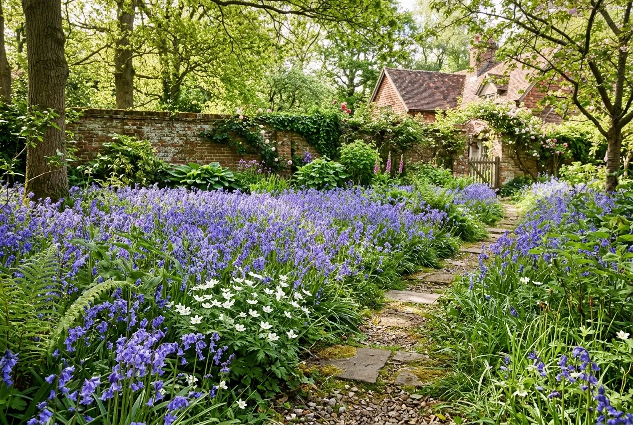 Bluebells naturalised along a garden path in a UK cottage garden with brick wall and mixed planting