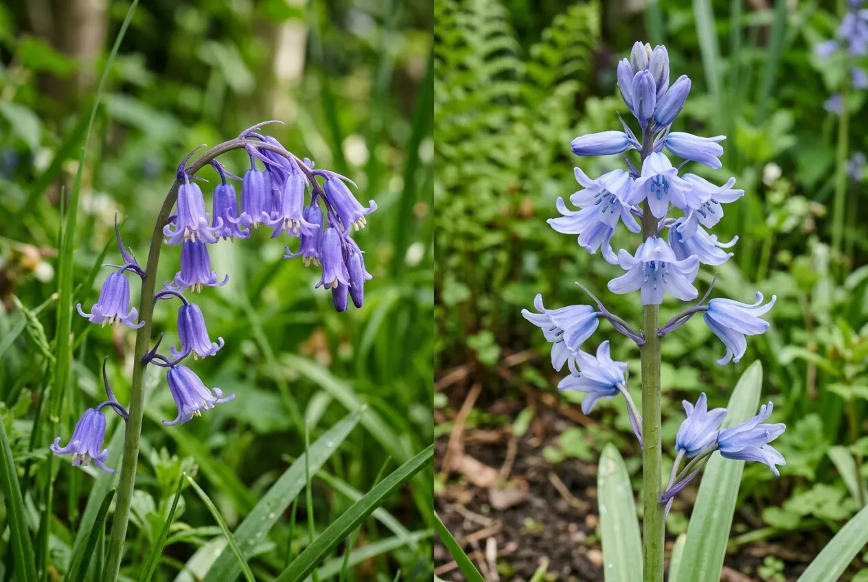Native bluebell vs Spanish bluebell side by side showing drooping stem and upright stem