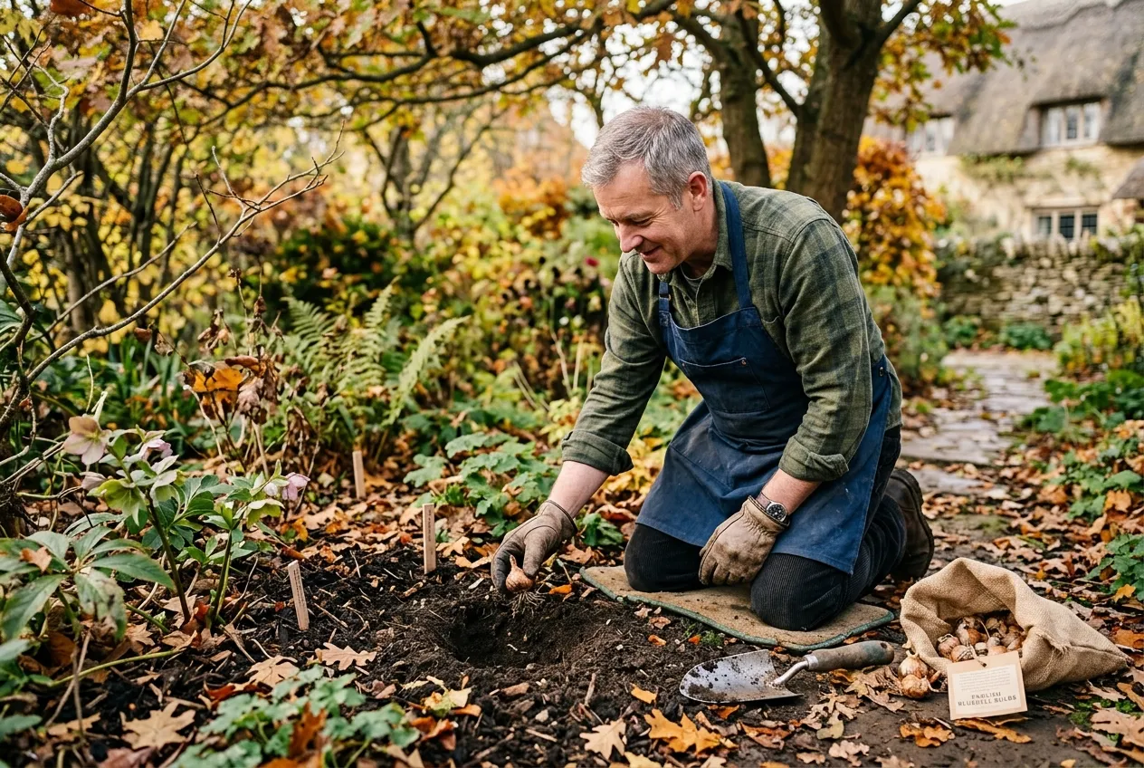 Man planting bluebell bulbs in autumn under deciduous trees in a UK cottage garden