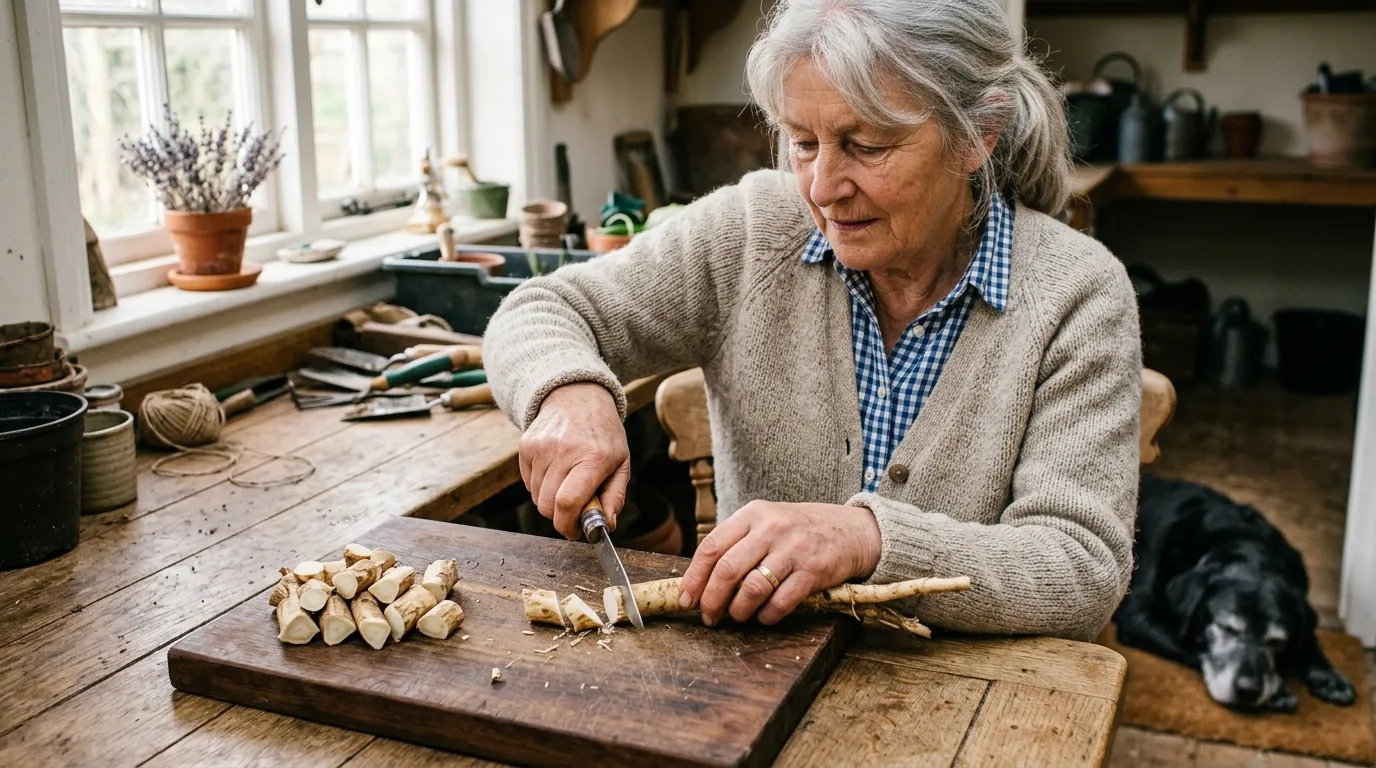 Elderly white grandmother around 70 cutting Bocking 14 comfrey roots into 75mm sections on a wooden board with a black labrador asleep at her feet in soft window daylight