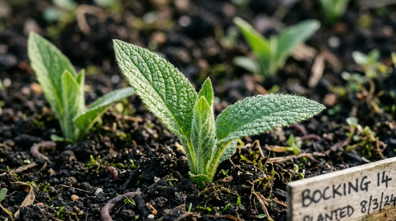 Macro photograph of new Bocking 14 comfrey shoots emerging from dark loamy soil 6 to 8 weeks after planting root cuttings, several shoots at 50 to 70mm tall with rough hairy young leaves