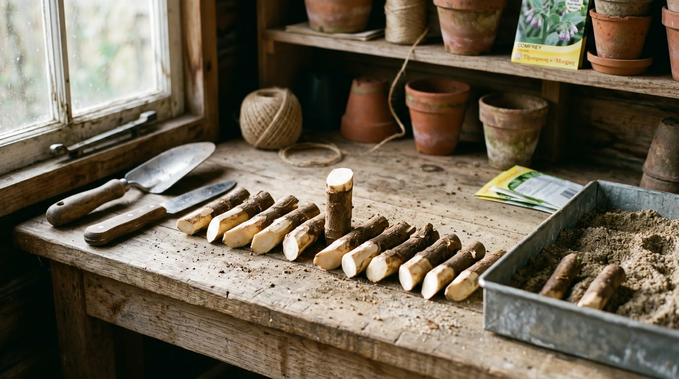 Freshly cut Bocking 14 comfrey root cuttings laid in a row on a UK potting shed workbench with a sharp knife and tray of damp sand