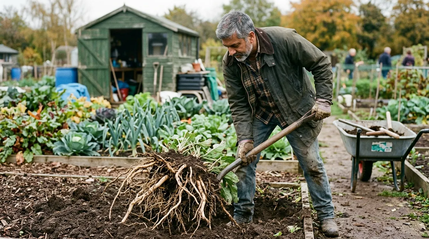Indian-British man in his mid-fifties wearing a green wax jacket lifting a mature Bocking 14 comfrey plant with a spade on a UK allotment in October