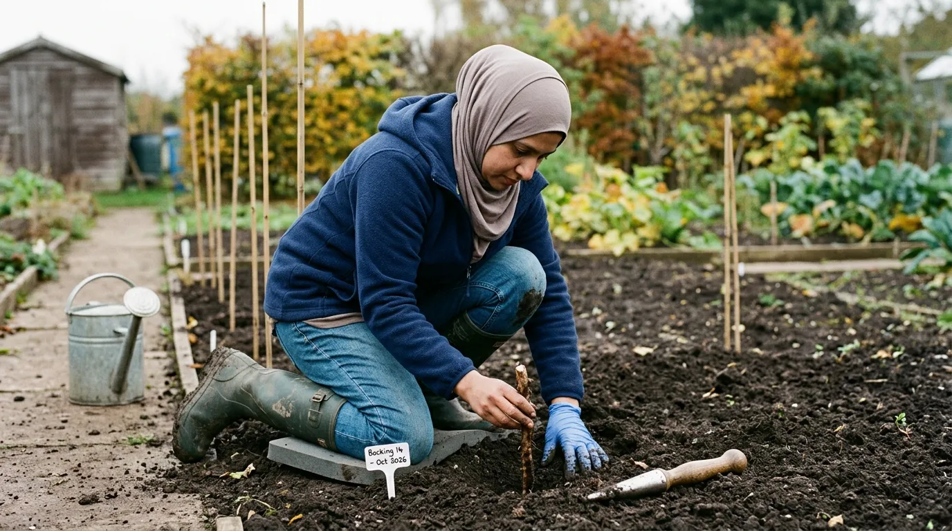 Muslim woman around 35 in casual hijab planting a Bocking 14 root cutting 50mm deep into a UK allotment bed in autumn with a dibber and white plant label beside her