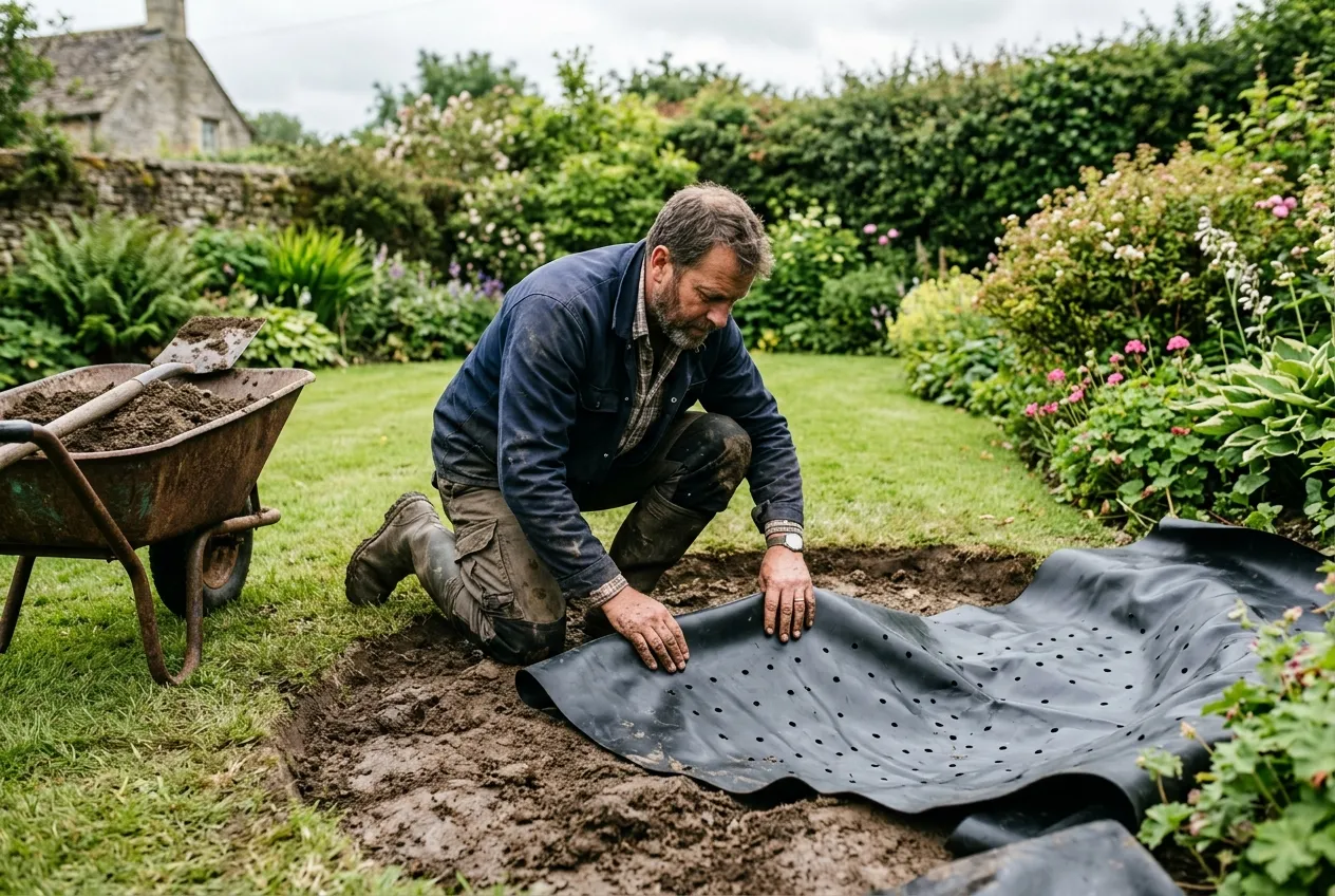 Bog garden construction showing a man laying pierced liner in an excavation in a UK garden