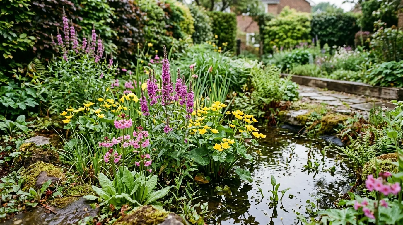 Lush bog garden in a UK garden with purple loosestrife, yellow marsh marigolds, and moisture-loving plants around shallow water