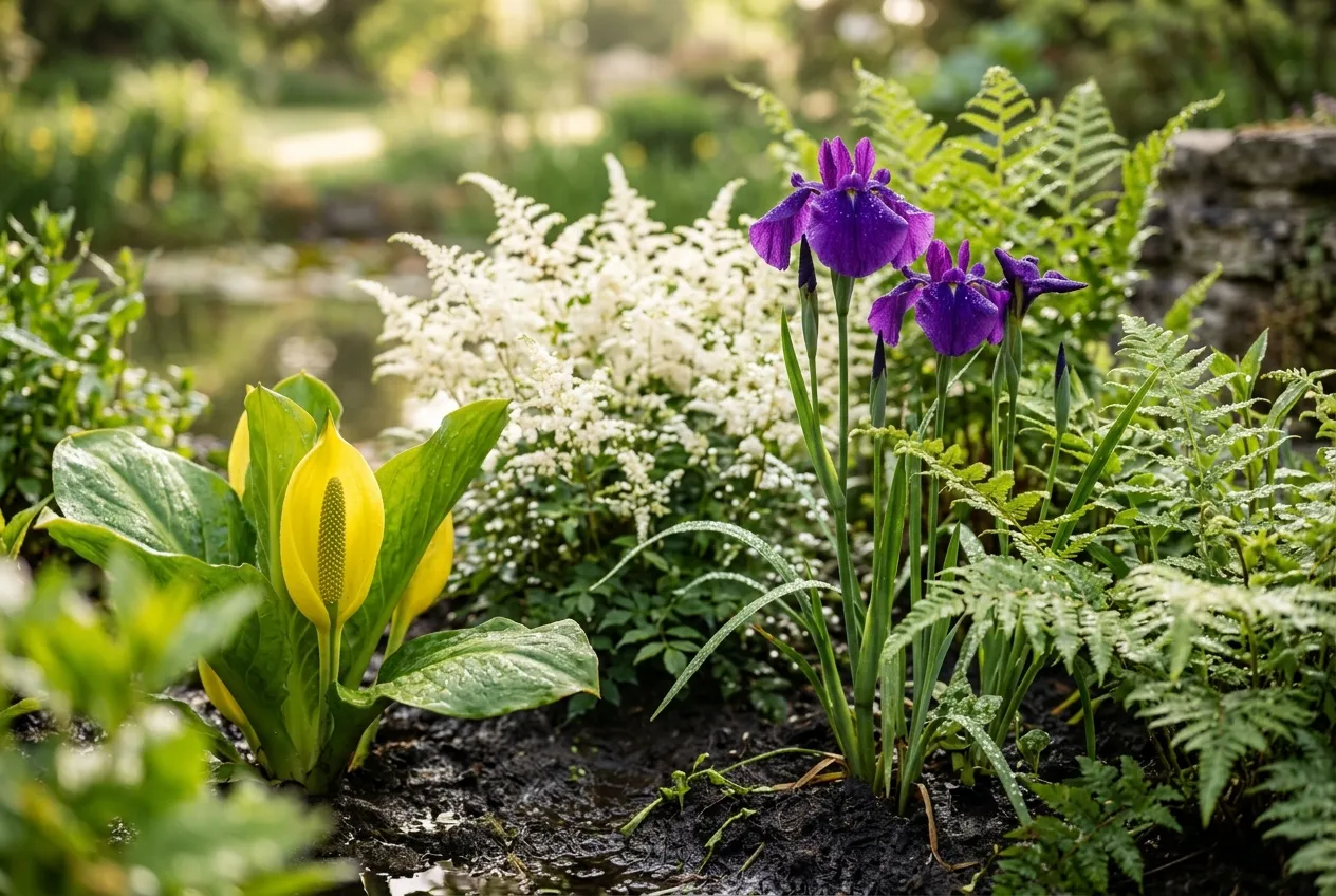 Bog garden plants including iris, astilbe, and ferns growing in moist soil in a UK garden