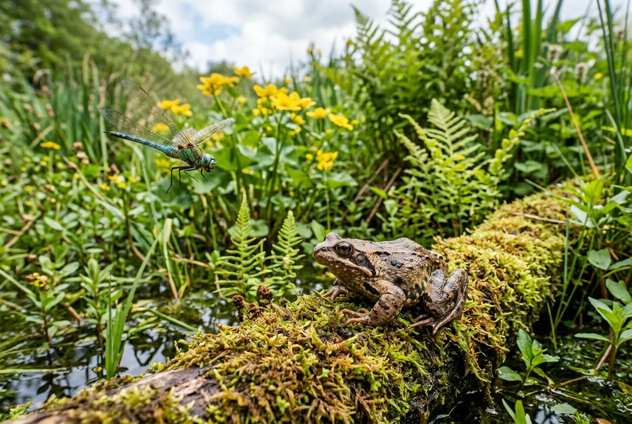 Common frog on mossy log beside a bog garden with dragonfly and marsh marigolds in the UK