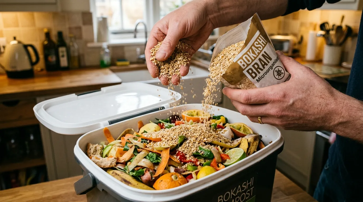 Bokashi bran being sprinkled over kitchen waste in a sealed fermentation bin