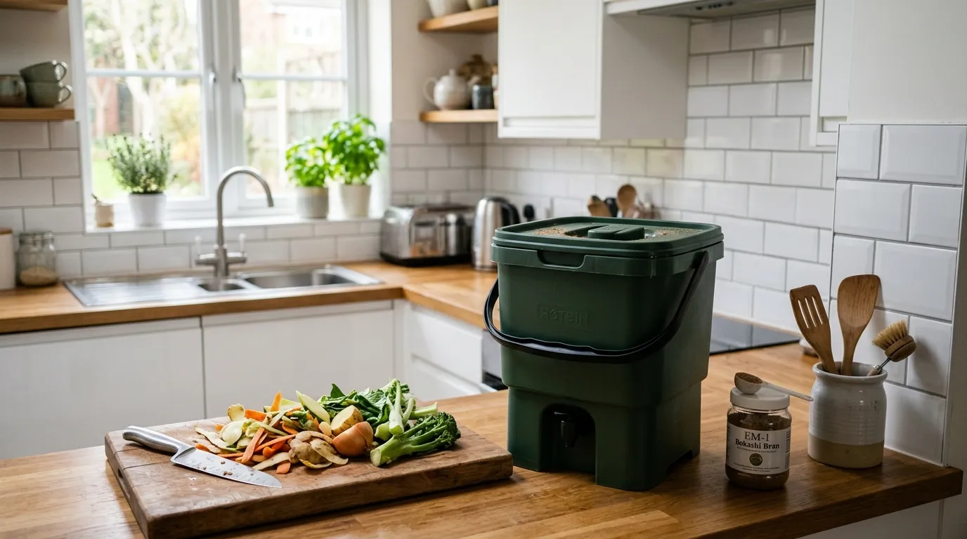 Bokashi composting bin with kitchen waste being layered with bran in a UK kitchen