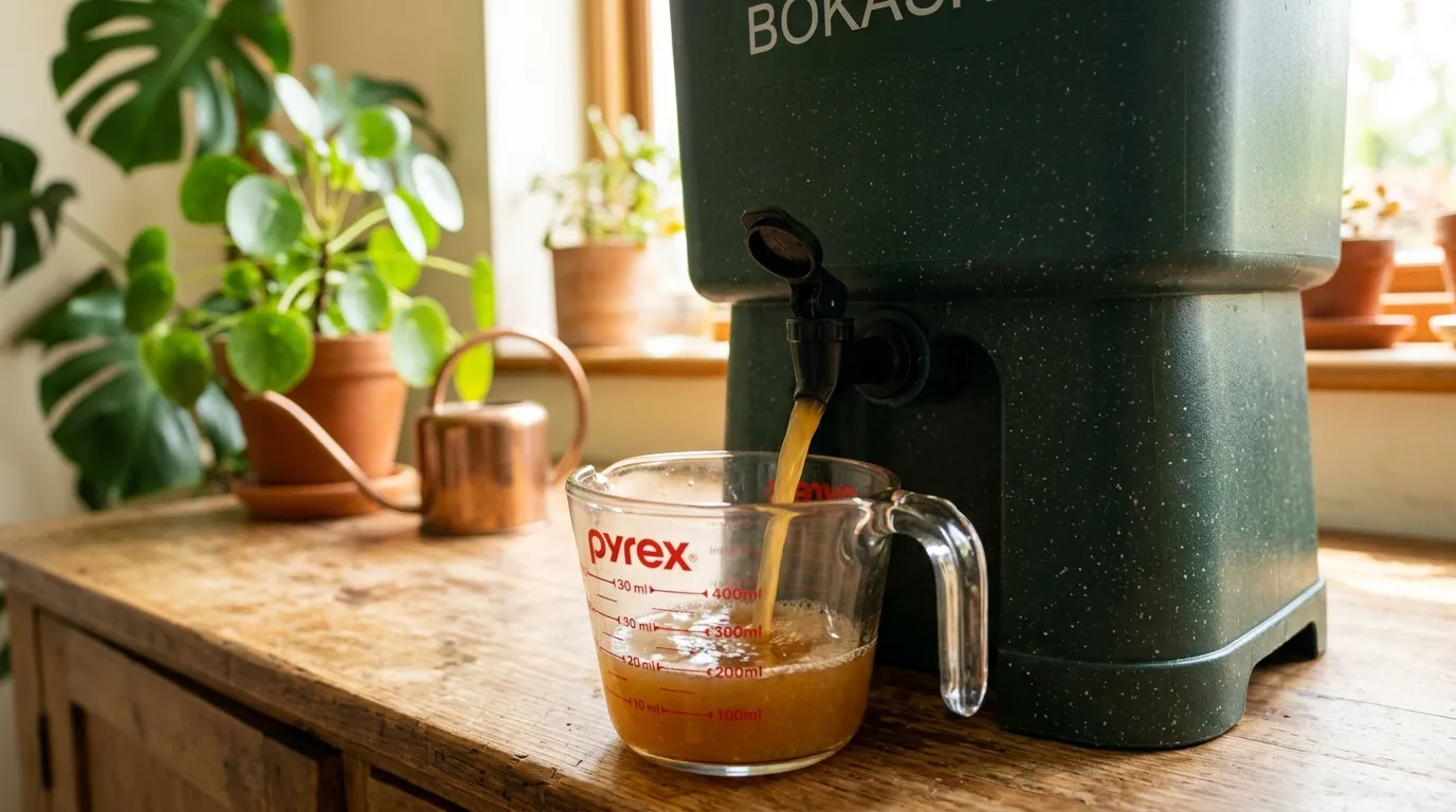 Bokashi liquid being drained from the tap of a fermentation bin into a measuring jug