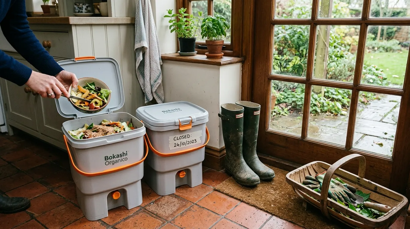 Two bokashi bins side by side showing the rotation system with one bin collecting waste and one sealed for fermentation