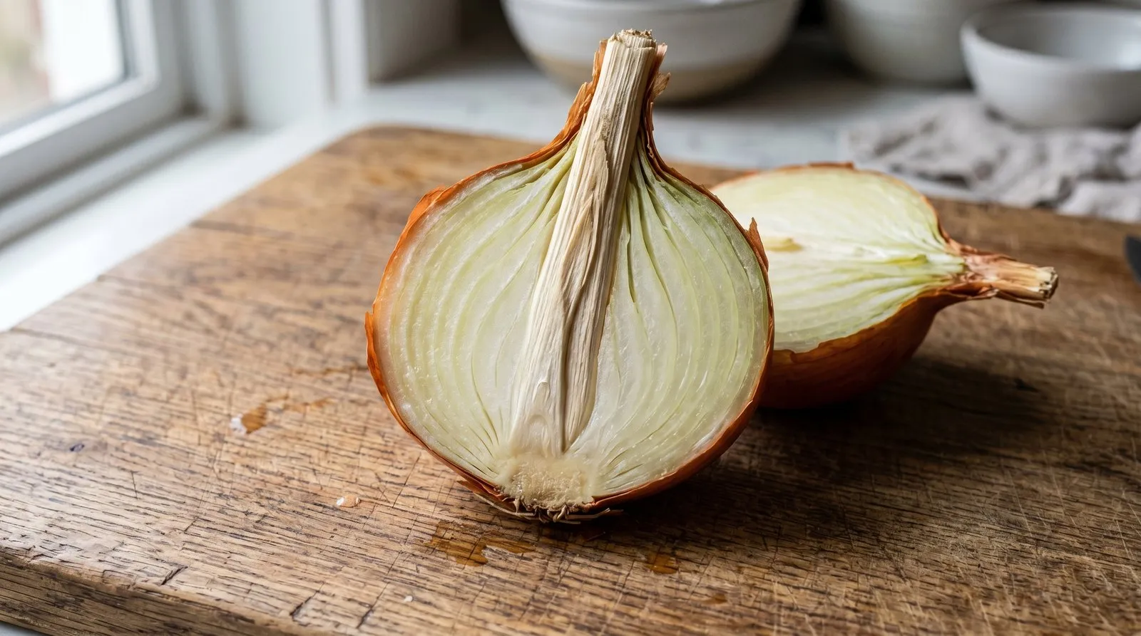 A bolted onion cut in half lengthways showing the hard woody flower stalk running through the centre of the bulb