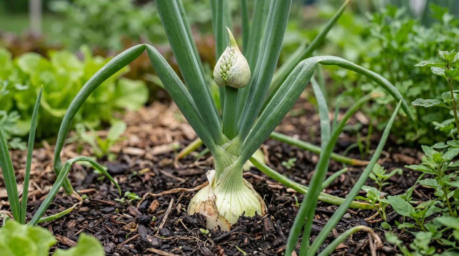 Close-up of a bolted onion with a thick round flower stalk pushing up from the neck of the swelling bulb