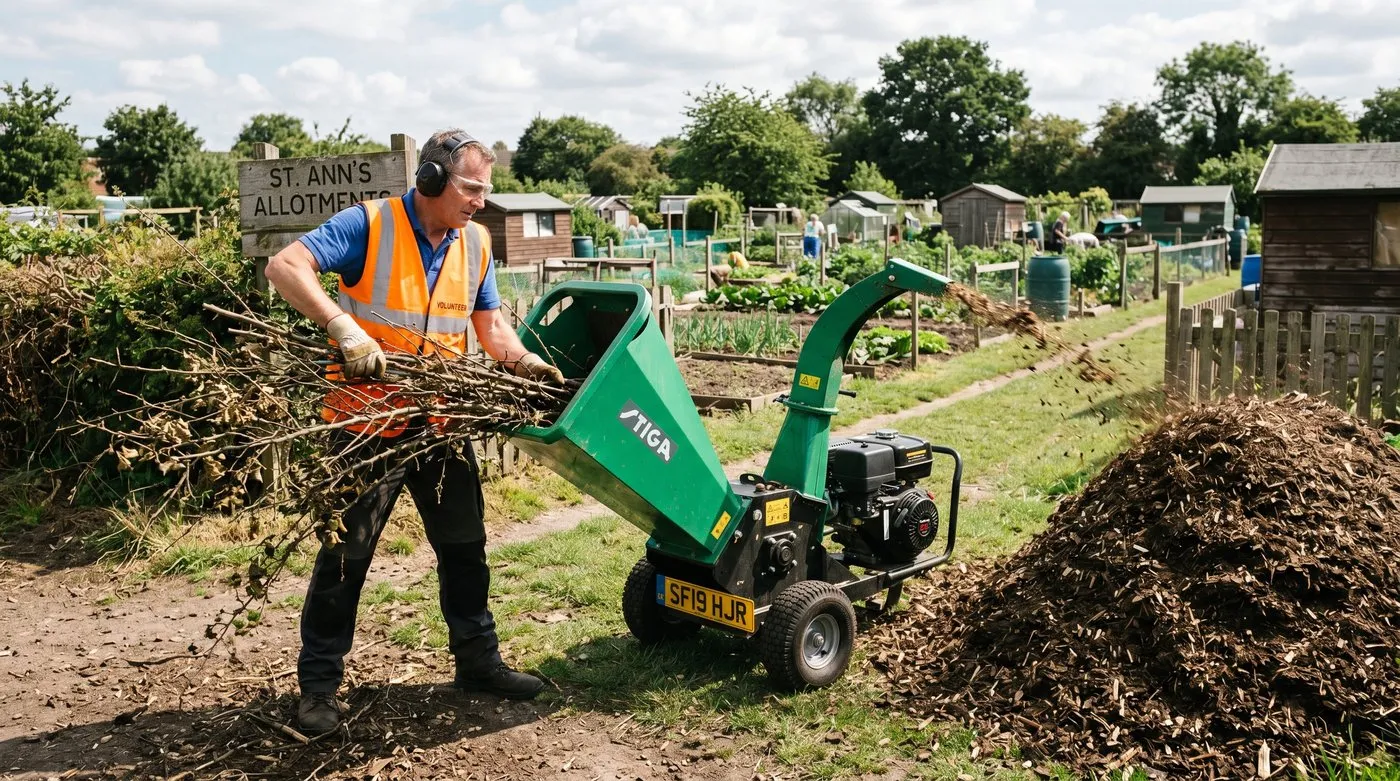 Garden chipper in operation reducing dry hedge cuttings to mulch on a UK allotment with the operator wearing safety goggles and ear defenders