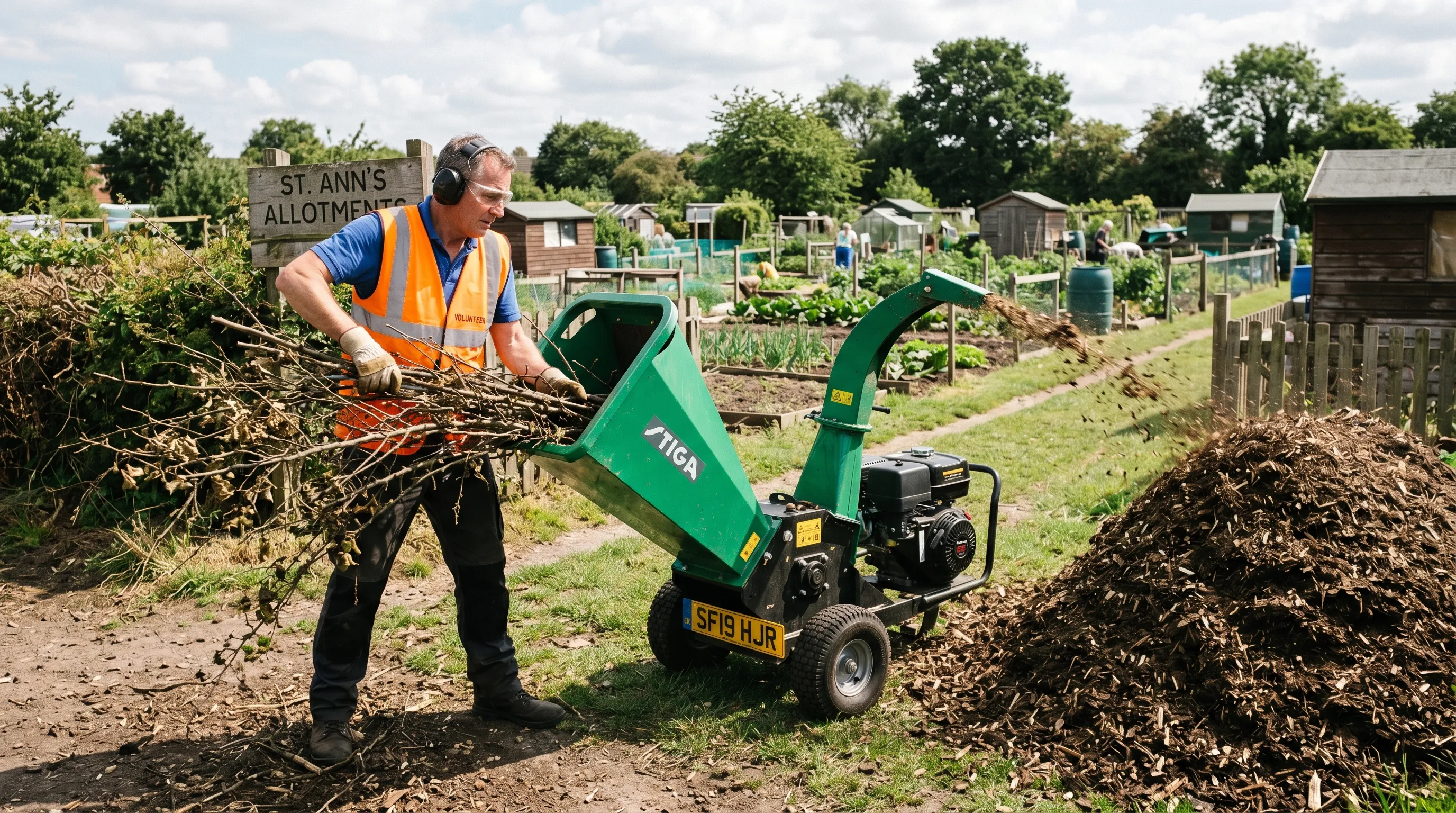 Garden chipper in operation reducing dry hedge cuttings to mulch on a UK allotment with the operator wearing safety goggles and ear defenders