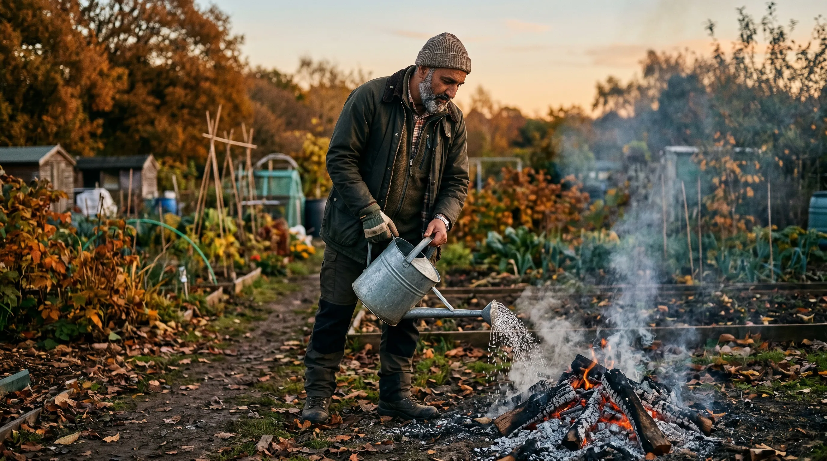 A UK plot holder of mixed Pashtun heritage extinguishing a small allotment bonfire with a watering can at the end of a still autumn evening with grey ash visible and the surrounding allotment beds in soft focus