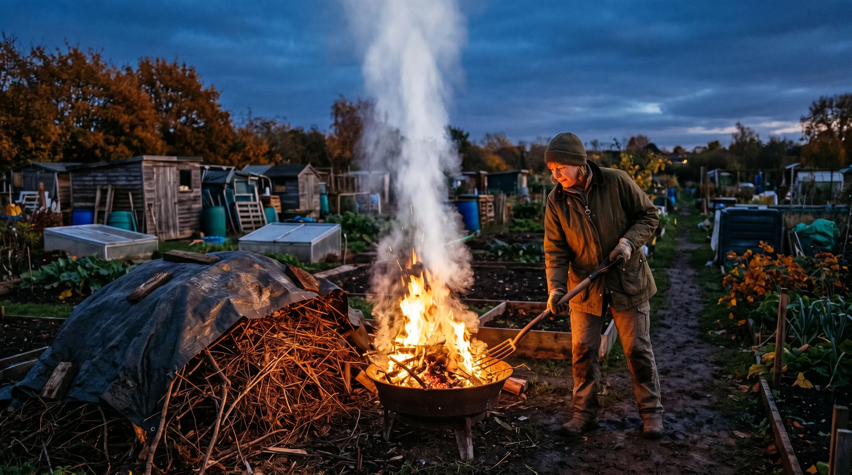Small managed allotment bonfire on a still autumn evening with white smoke rising vertically and a UK plot holder tending the fire with a fork