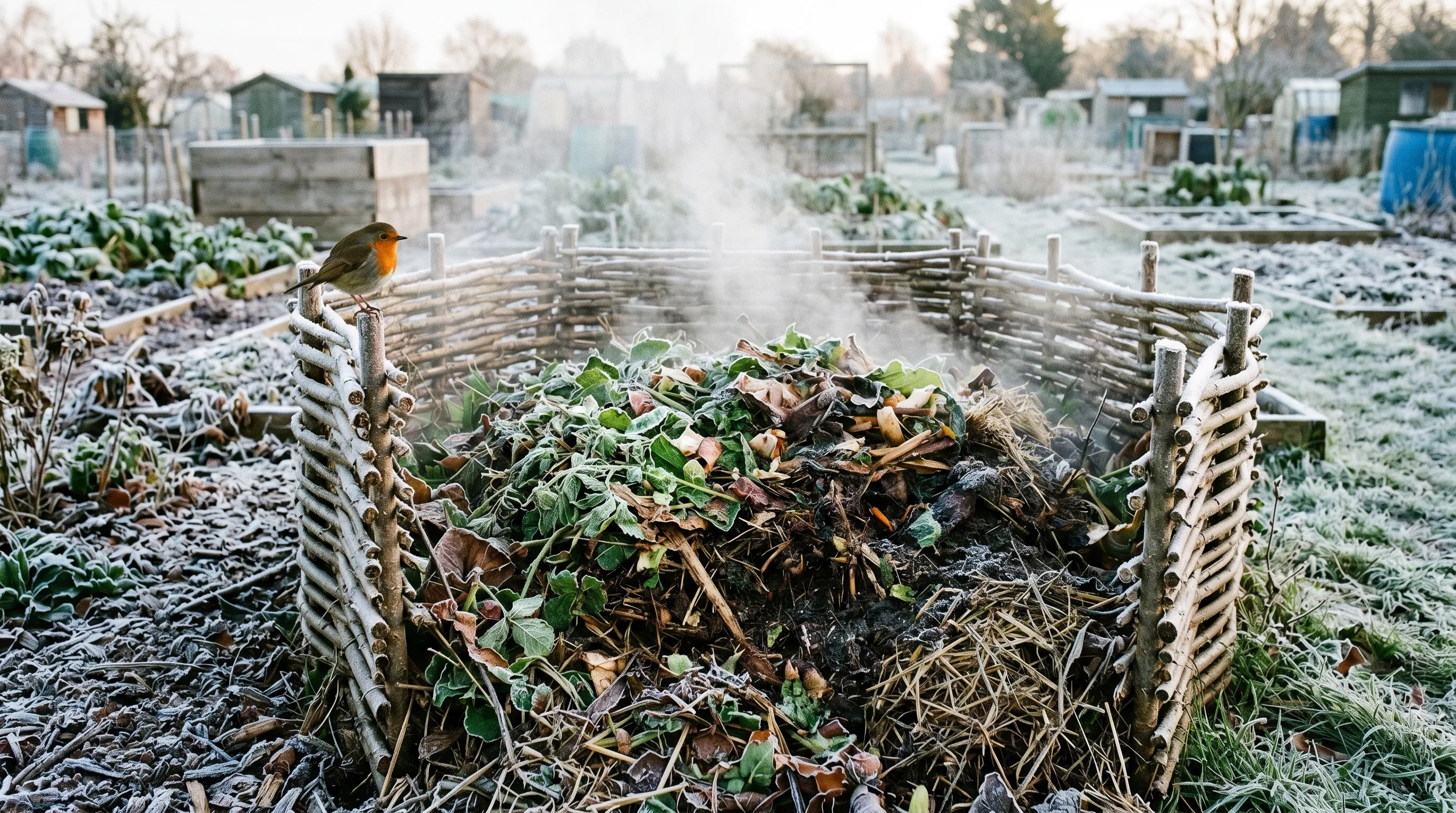 Hot compost heap on a UK allotment with steam rising from the centre showing visible plant material breakdown surrounded by hazel hurdles, a robin perched on the rim
