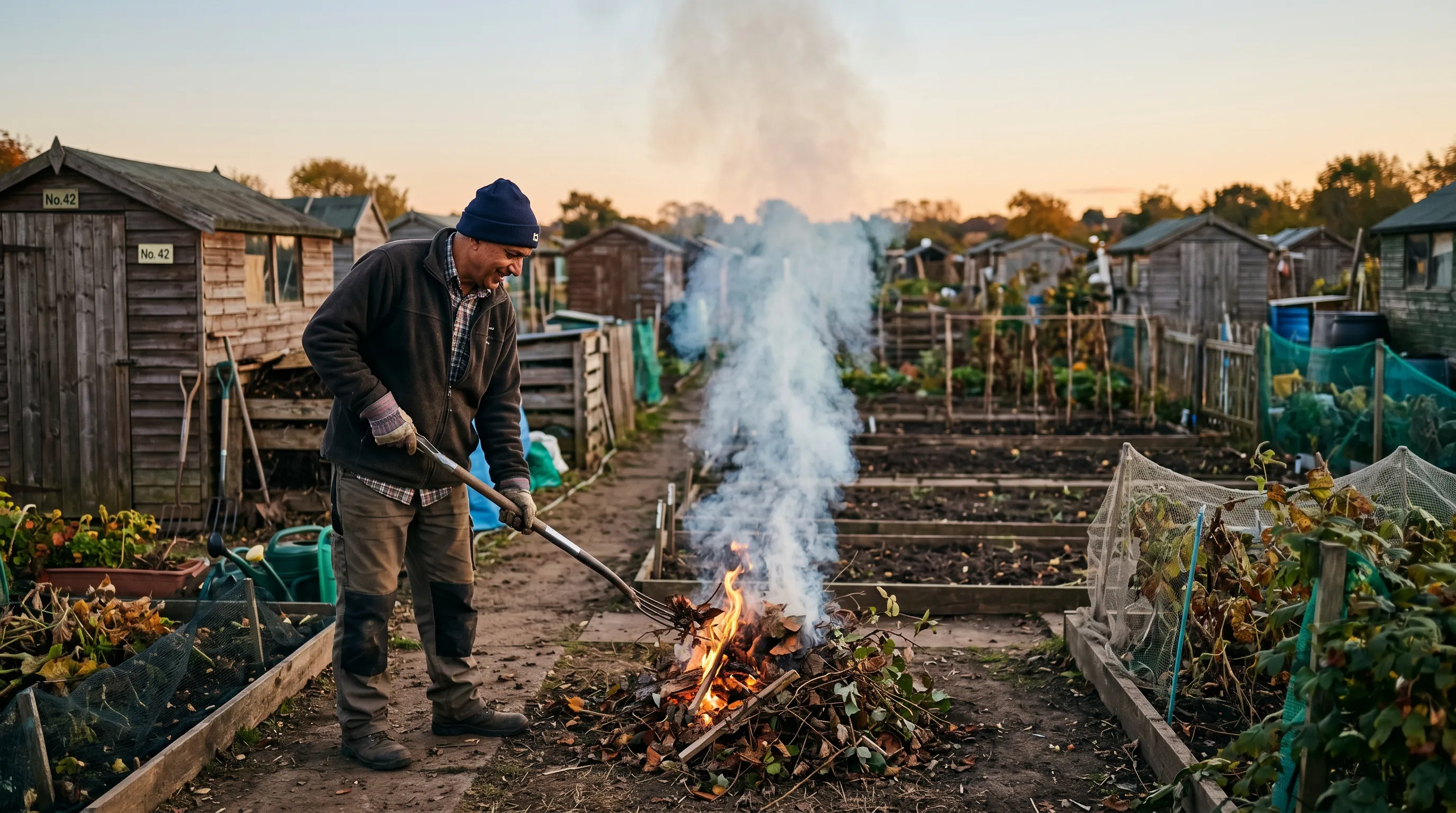 Allotment plot holder tending a small managed bonfire on a still autumn evening with a fork and a tarpaulin of dry woody prunings