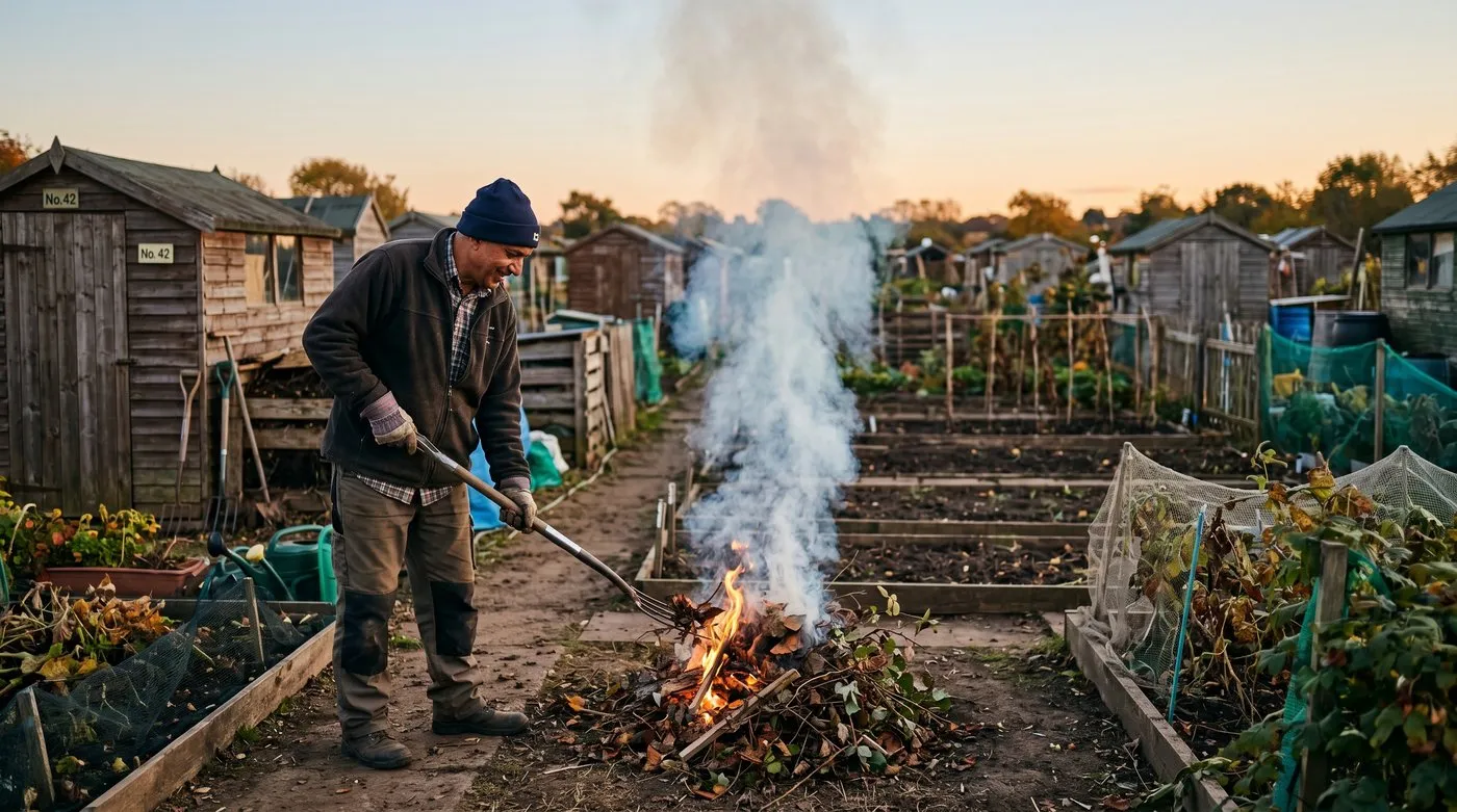 Allotment plot holder tending a small managed bonfire on a still autumn evening with a fork and a tarpaulin of dry woody prunings