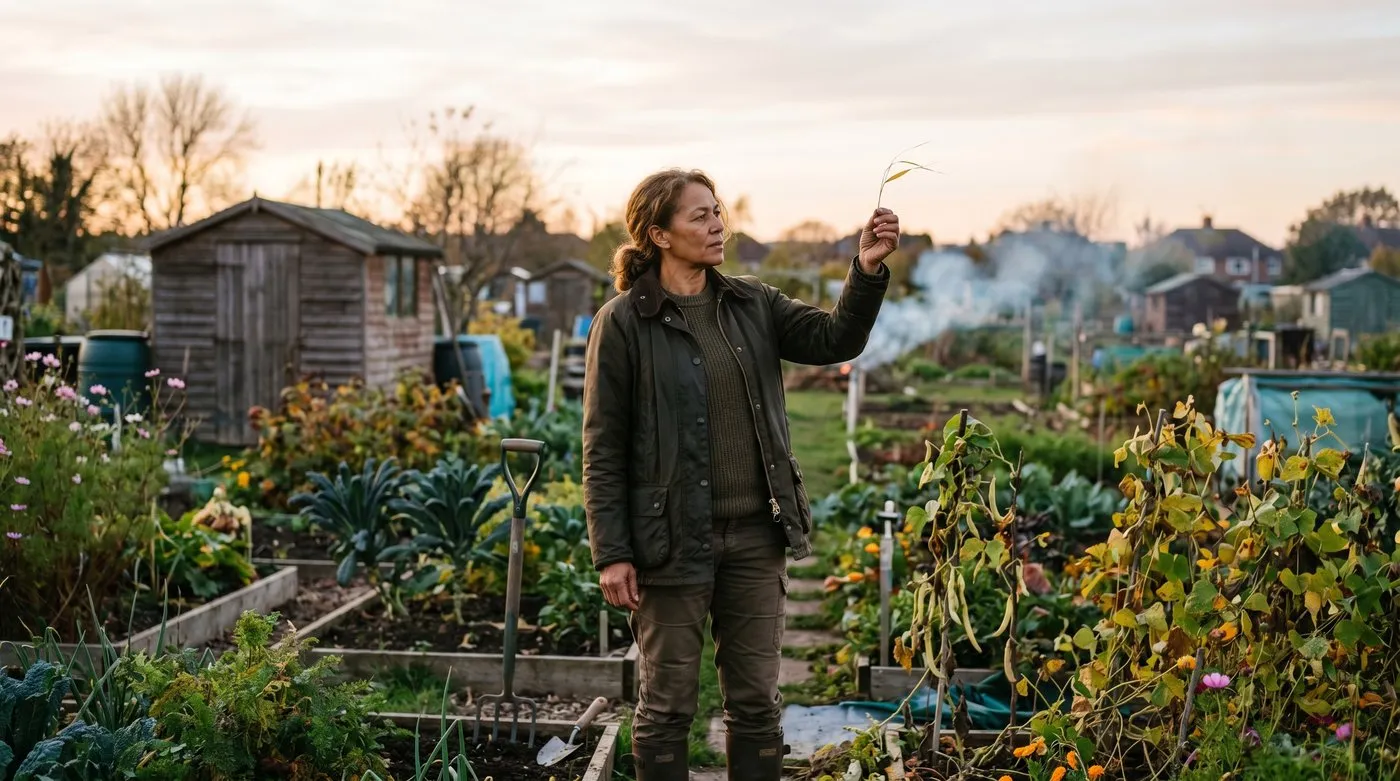 Smoke from a small allotment bonfire rising vertically in still air with a UK gardener checking wind direction holding a piece of grass aloft