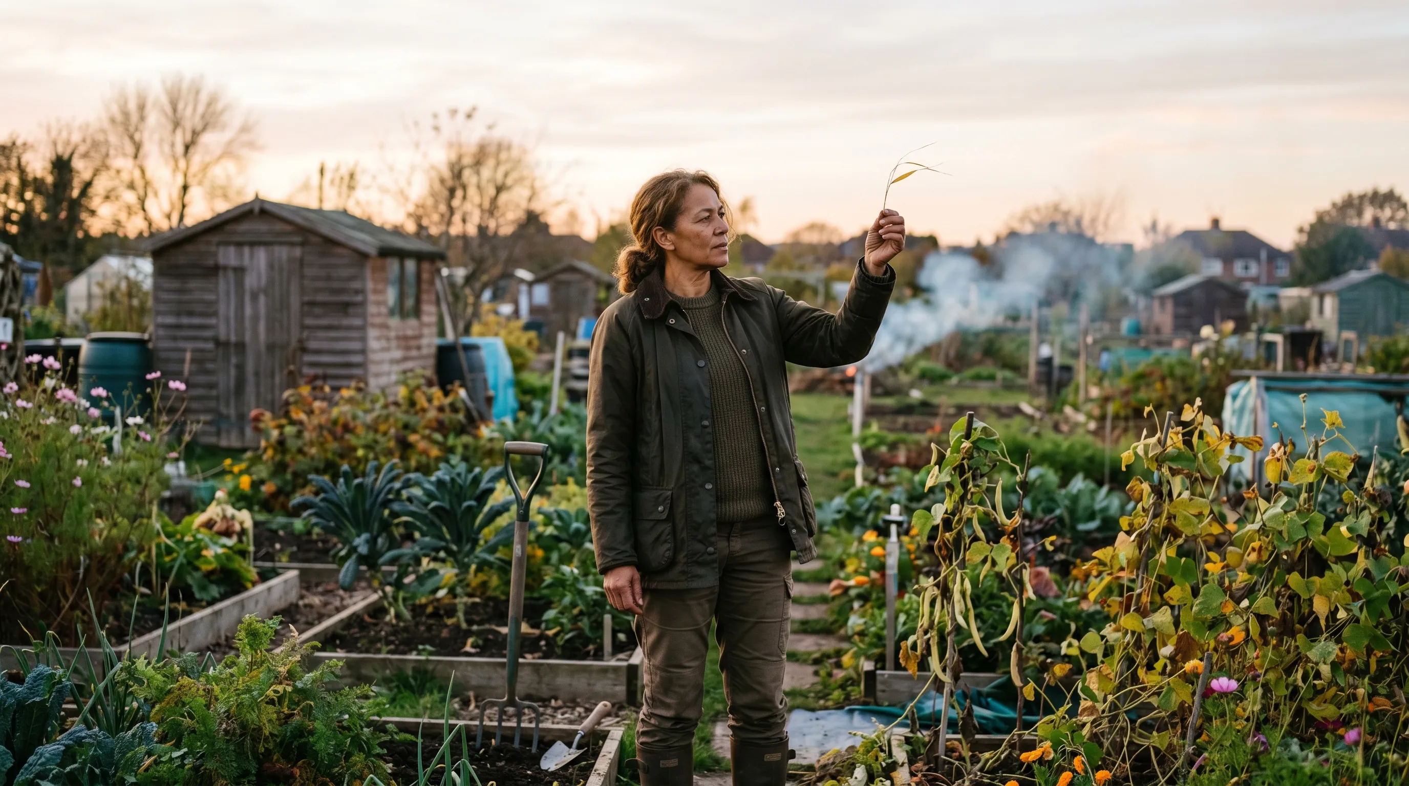 Smoke from a small allotment bonfire rising vertically in still air with a UK gardener checking wind direction holding a piece of grass aloft